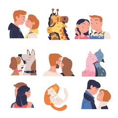 Happy Love People and Animal Couples Cuddle Together Vector Set