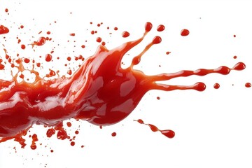 Red Tomato ketchup splash flying in air isolated on white background. Floating splash of ketchup sauce. Ketchup splash flying in air, isolated. Ketchup splash flying in air, isolated.