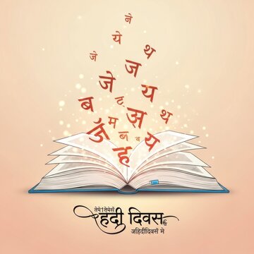 Illustration of an open book with floating hindi letters on a light background