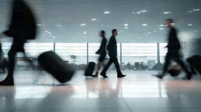 People walk hurry up airport terminal hold suitcases, waiting room. Passenger travel departure lounge background. Airplanes on runway, planes ready takeoff, flight trip.