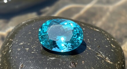 Sparkling Blue Gemstone on Dark Rock.