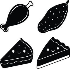 Illustration of a chicken leg, sweet potato, and two slices of pie isolated on white background