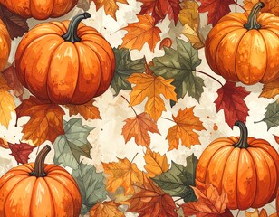 Colorful pumpkins and autumn leaves pattern.