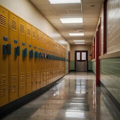 Wide-angle shot of empty elementary school hallway with child-size lockers, polished tile floor, and morning light filtering through large windows, no people,Generative Ai
