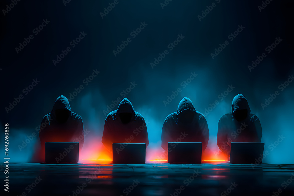 Poster hacker team are using laptops for identity theft, inernet, cybercrime. cyber atack concept.
