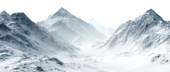 Cold alpine landscape with snow-covered slopes and ridges, isolated on transparent cutout background