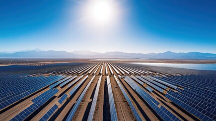 Aerial view of a large solar farm under a bright blue sky