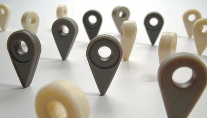 Grey and Beige Plastic Location Pins Scattered on White Background