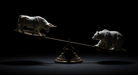 Balance Scale with Bull and Bear Figurines on Dark Background