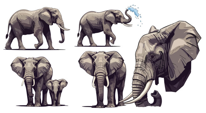Stylized vector illustrations diverse elephants adult baby and spraying water africa animal wildlife grey trunk tusk