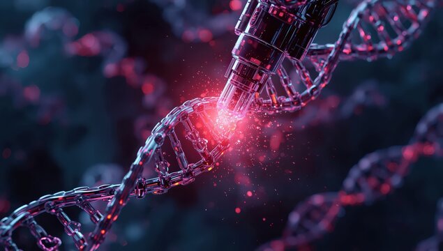 Robotic arm manipulating a dna strand with red light and sparks in a dark futuristic environment - Powered by Adobe