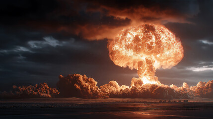 Massive explosion of a ballistic missile with a giant fiery mushroom cloud rising against a dark stormy sky.