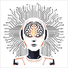 Futuristic robot head illustration with glowing circuits isolated on white background