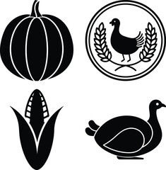 Thanksgiving icons isolated on white background featuring a pumpkin, turkey emblem, corn, and turkey in black and white for autumn designs