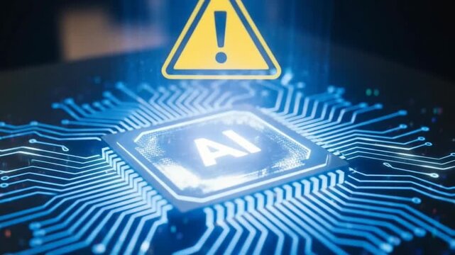 Artificial Intelligence (AI) Circuit Board with Warning Sign - Technology Concept