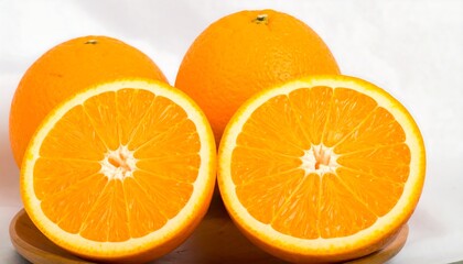 Fresh oranges, whole and halved, on a light background