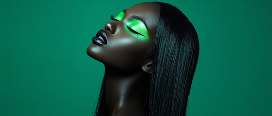  A stunning portrait where the lighting makes the neon green makeup appear to radiate its own light