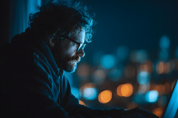 Male hacker man, sitting a night time in apartment tping on laptop, hacking coputer system. Internet, usr privacy cybersecurity, bockchain, cybernetics, dat protection concept. Genertive AI