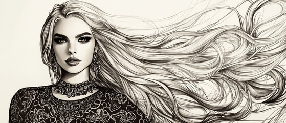  The portrait emphasizes the movement and detail of the woman's long, wavy blonde hair