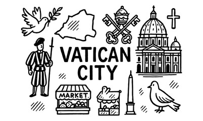 Vatican city icons: st. peter's basilica, swiss guard, peace dove, market stalls