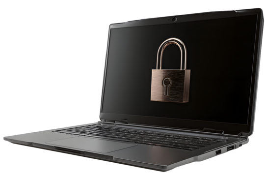 Laptop with digital padlock png, data and cyber secuity concept, transparent bckground, passwords manageent, business documents, oline security, isolated