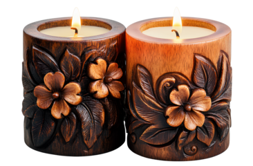 two beautiful candles with carvings, isolated on a transparent background.