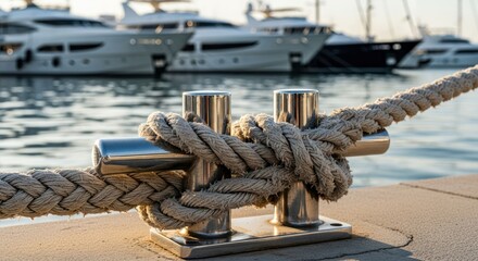 Fototapeta premium A mooring rope tied tight at a yacht harbor