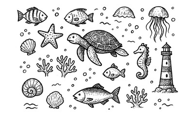 Fototapeta premium Hand-drawn marine life set: sea turtle, fish, coral, and underwater elements