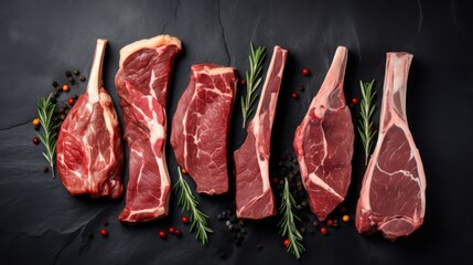 Vacuum aged steak on black stone background, top view, flat lay, with space for text.