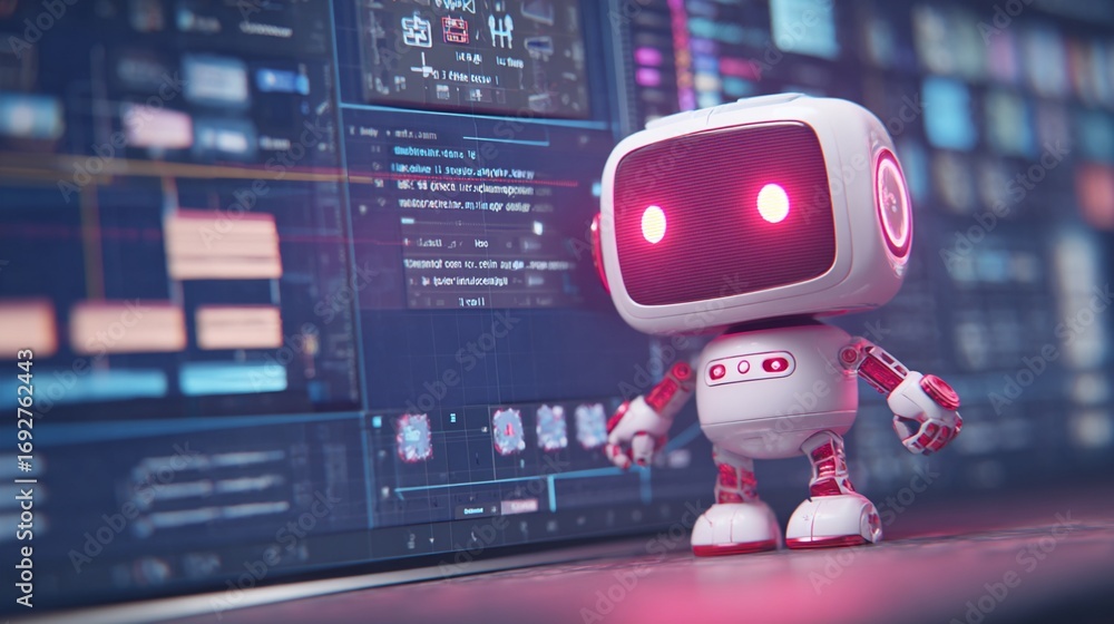 Fototapete captivating robot figure stands in front of a vibrant digital interface, showcasing advanced technol