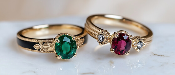 Two exquisite gold rings with emerald and ruby oval gemstones, close-up focus on high-quality craftsmanship, engraved bands with floral and geometric motifs,