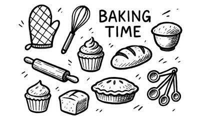 Hand drawn baking elements with kitchen utensils and baked goods theme