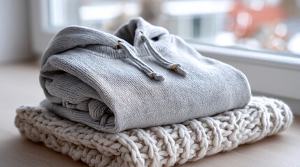 Neatly folded gray hoodie on top of a textured cream blanket near a window on a sunny afternoon