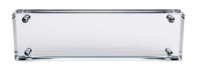 Clear glass or acrylic nameplate with metal standoff mounts, isolated on transparent cutout background