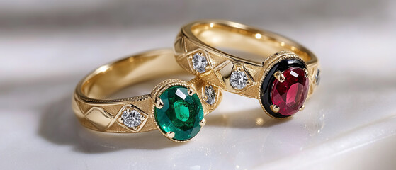 Two exquisite gold rings with emerald and ruby oval gemstones, close-up focus on high-quality craftsmanship, engraved bands with floral and geometric motifs, 