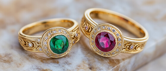 Two luxury gold rings, close-up still life, featuring oval emerald and ruby gemstones in bezel settings, ornate engraved gold bands with diamond accents, 