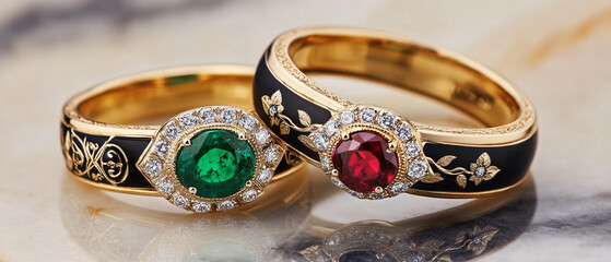 Two luxury jewelry rings, detailed close-up on emerald and ruby oval bezel settings, set within engraved gold bands accented by diamonds and black enamel details