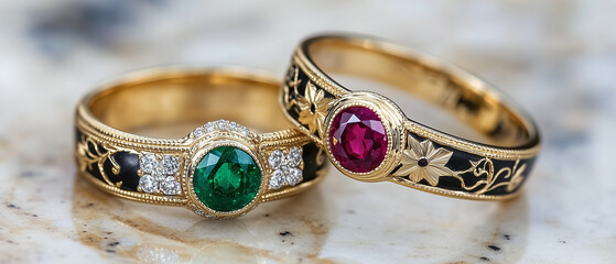 Two luxury jewelry rings, detailed close-up on emerald and ruby oval bezel settings, set within engraved gold bands accented by diamonds and black enamel details