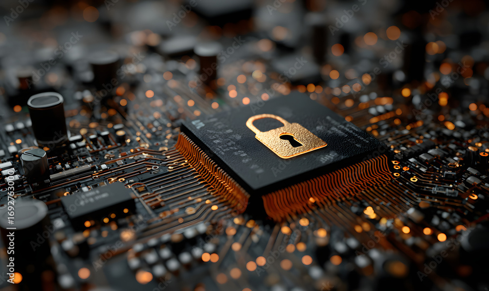 Poster cyber security, abstract computer chip, technology bckground with a padlock, iternet security and da