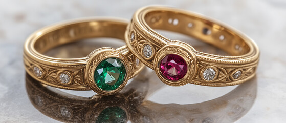 Two ornately designed gold rings, detailed close-up, featuring an emerald and ruby gemstone in bezel settings, with sparkling diamond accents
