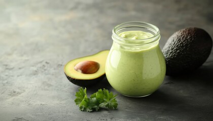 Vintage Glass Jar Of Homemade Avocado Yogurt Dressing With Ingredients On Light Slate, Stone, Or Concrete Surface