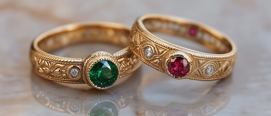 Two ornately designed gold rings, detailed close-up, featuring an emerald and ruby gemstone in bezel settings, with sparkling diamond accents