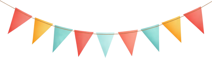 Colorful bunting flags for party or celebration, isolated on transparent cutout background
