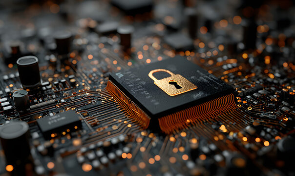 cyber security, abstract computer chip, technology bckground with a padlock, iternet security and data potection