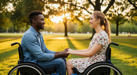 Couple in wheelchairs holding hands outdoors sharing love and connection at sunset in the park