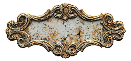 Ornate rusty vintage nameplate with baroque frame, isolated on transparent cutout background