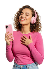 young woman holding a phone and closed eyes isolated on white