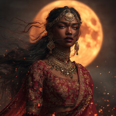 Ultra-realistic 8K portrait of an extraordinarily beautiful dark-skinned Indian woman with long, flowing black hair blowing in the wind, wearing an ornate deep red and gold 