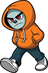 Angry cartoon character in orange hoodie, walking with attitude, street style, urban fashion, expressive face, cool kid, modern youth, casual outfit illustration