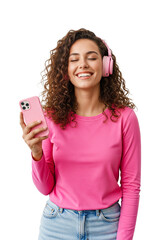 young woman holding a mobile phone and headphone isolated on white
